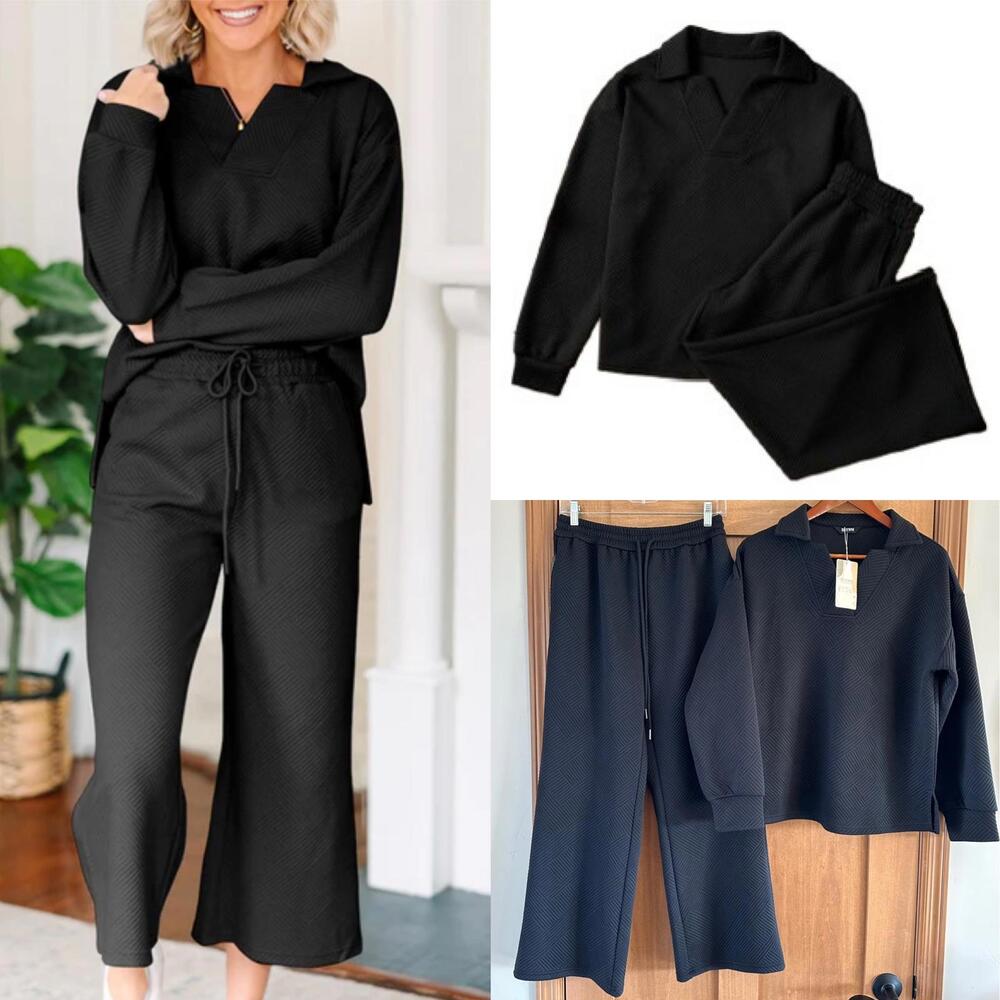 NWT BTFBM Black Textured Collared V-Neck Top & Wide Leg Pants Lounge Set size LG - Picture 1 of 15